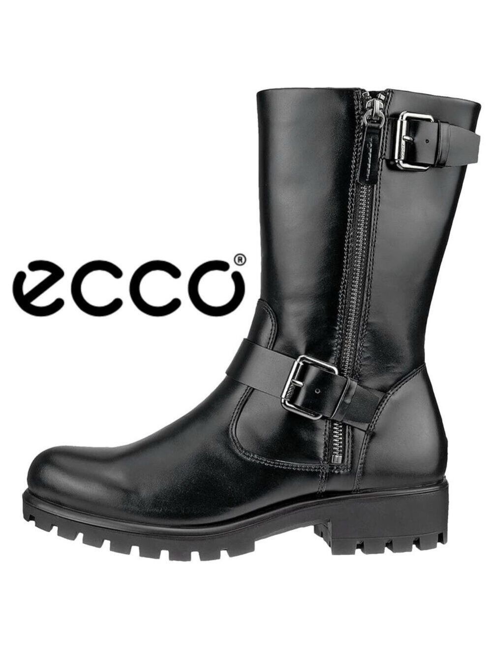 ECCO Tray Tech Black Leather Biker Style Boots NWOB $259